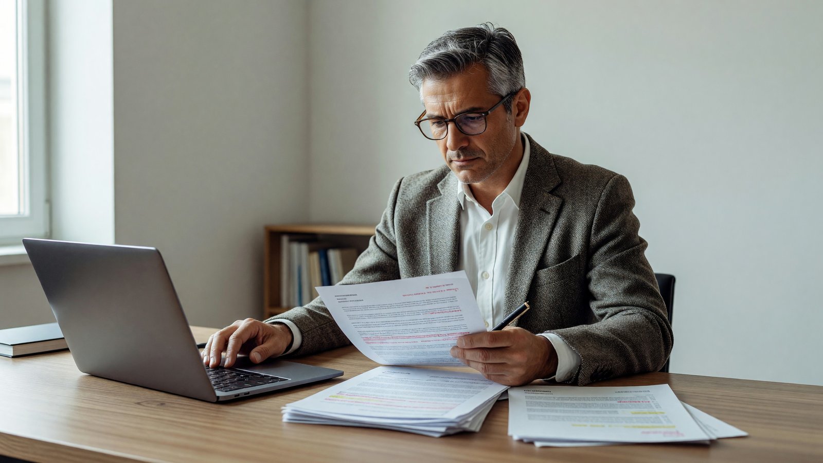 Author reviewing a marked-up publishing contract at a desk with a laptop and printed pages