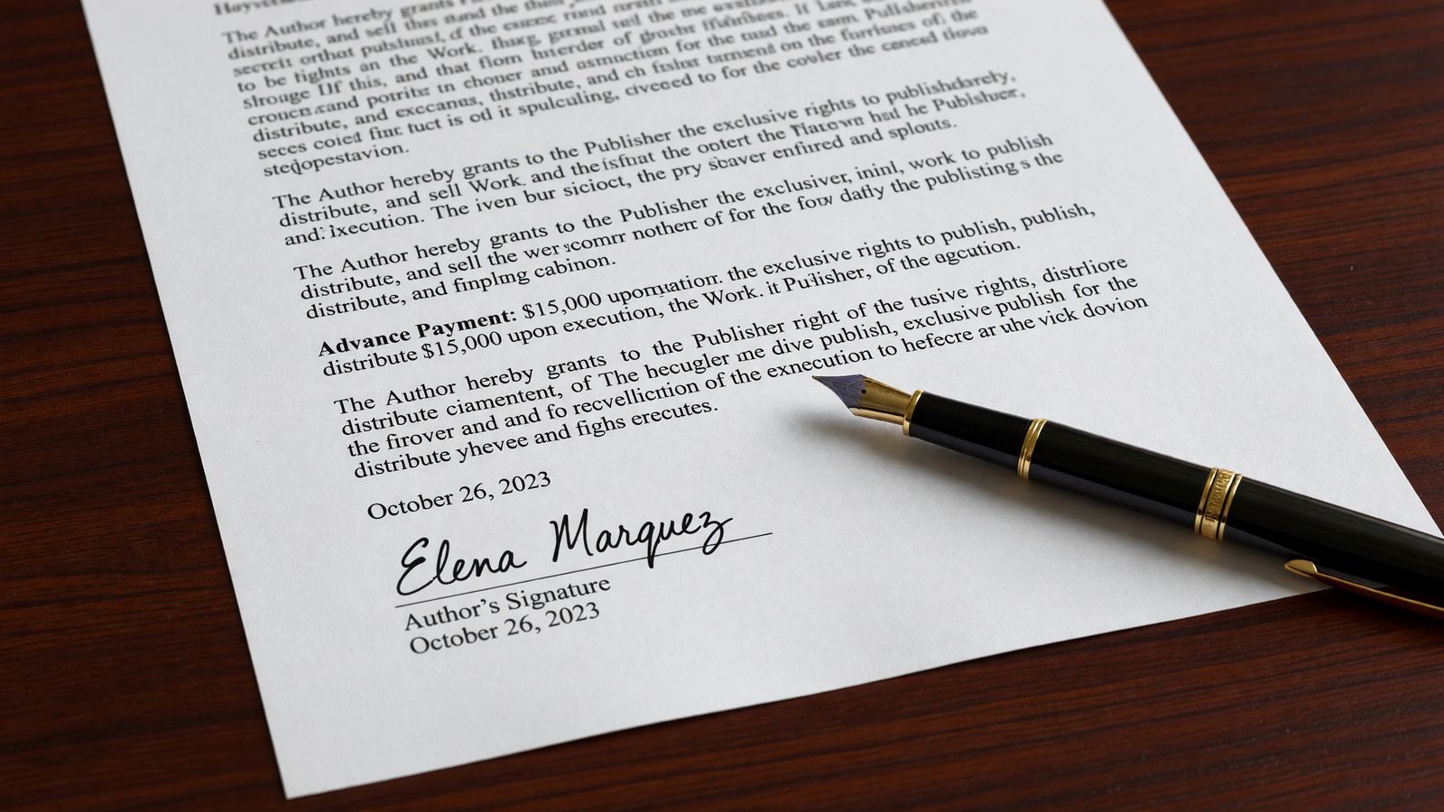 Close-up of a signed book publishing contract page with a pen resting on top