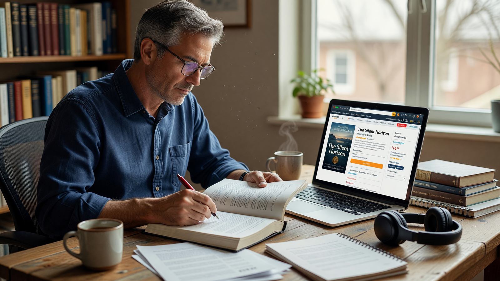 Author reviewing a printed manuscript beside a laptop showing an Amazon book listing