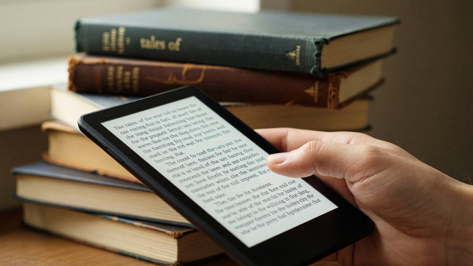 Close-up of a hand scrolling an ebook reader with a stack of printed books blurred in the background