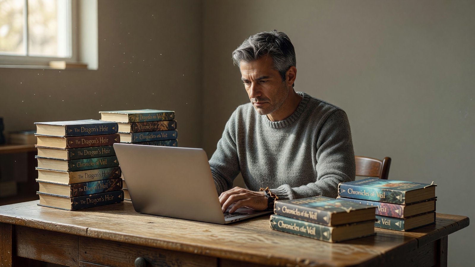 Writer typing at a laptop surrounded by paperback novels from a popular fantasy series