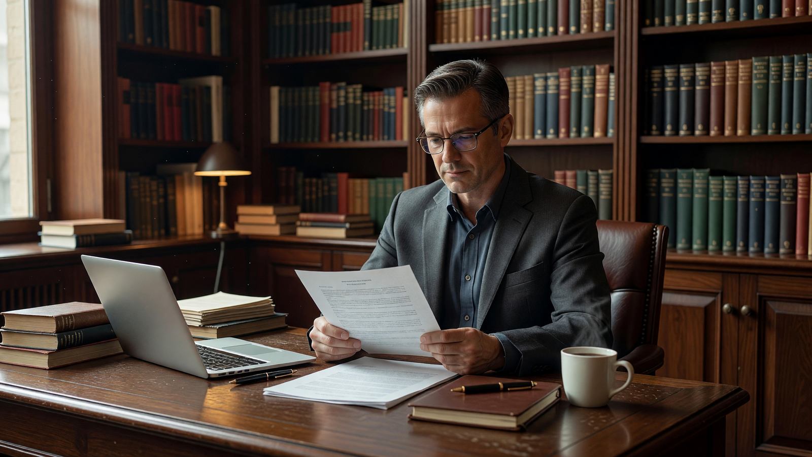 Literary agent reviewing a manuscript contract at a desk with bookshelves in the background