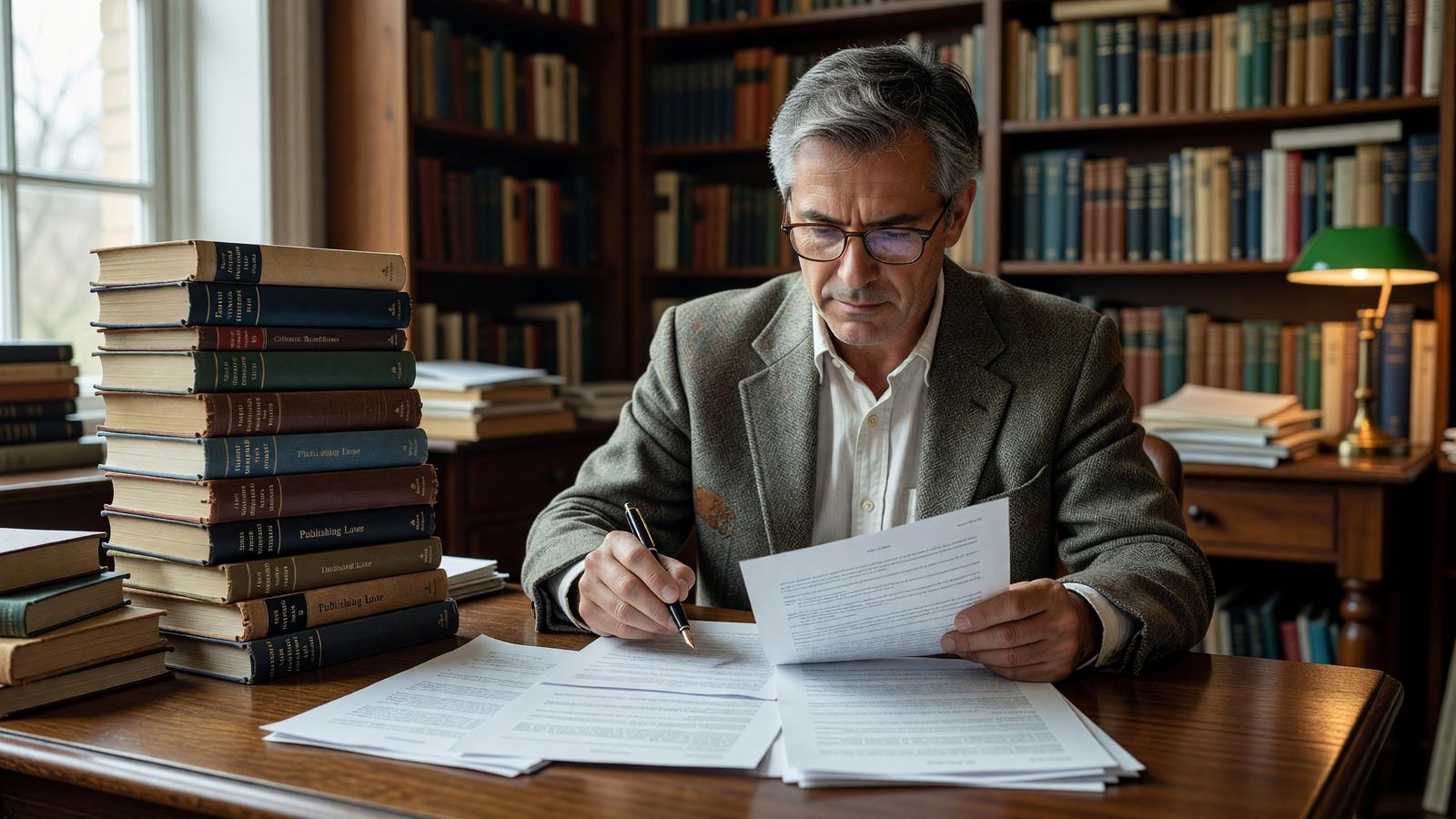 Author reading fine print in a publishing contract with a stack of books on the table