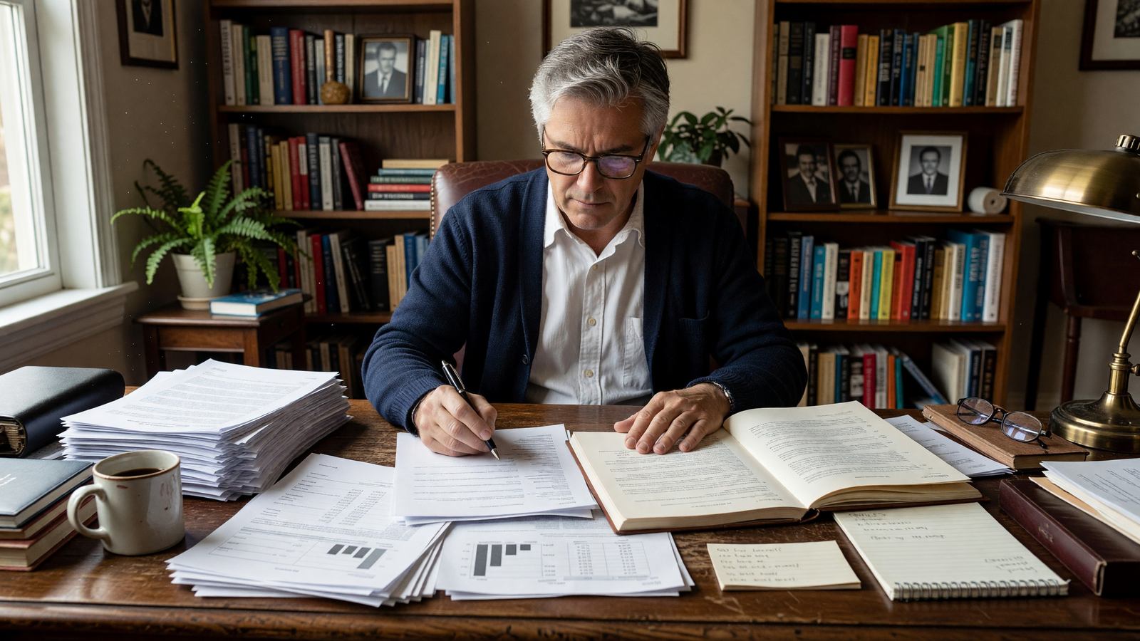 Author reviewing a stack of royalty statements and a publishing contract at a home office desk