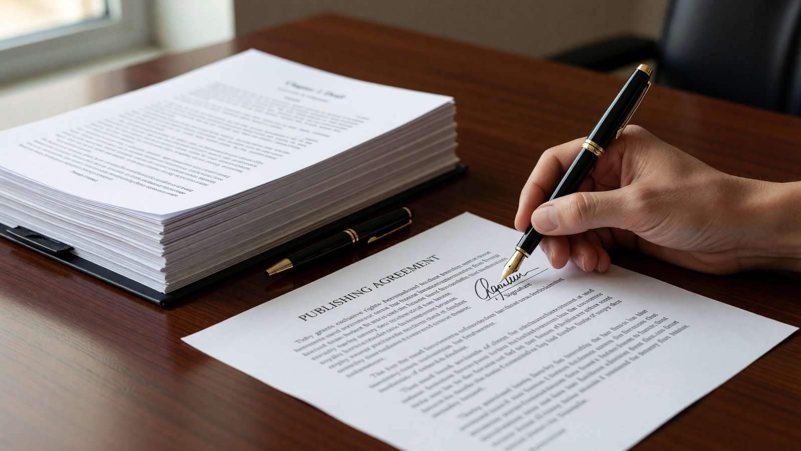 Close-up of a hand signing a publishing agreement next to a stack of manuscript pages and a pen