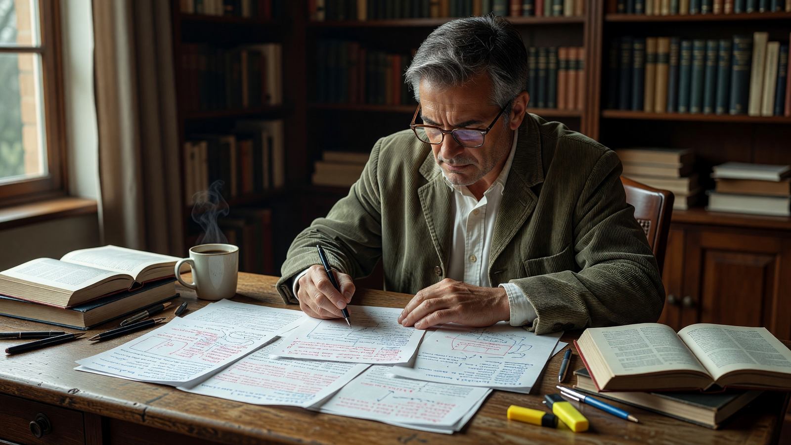 Writer reviewing a printed manuscript covered in handwritten edits at a wooden desk