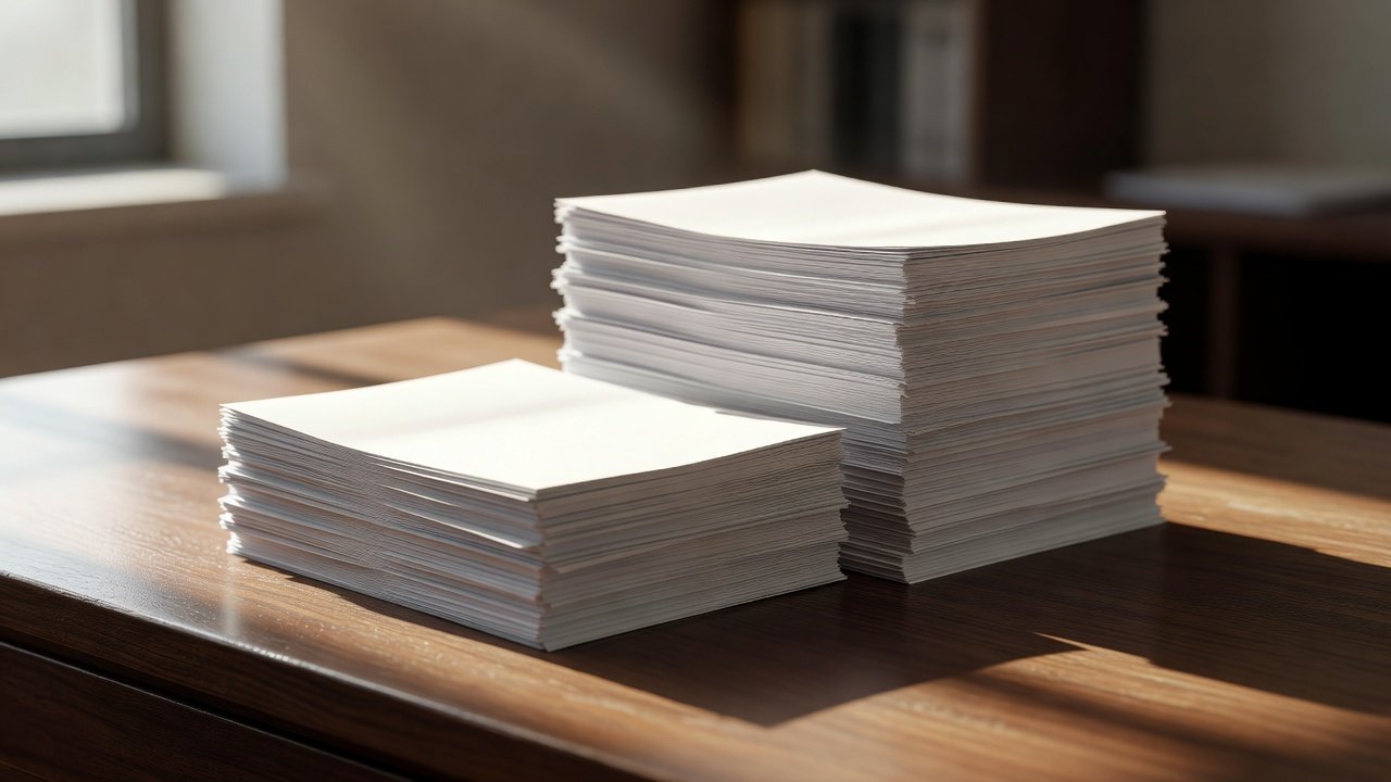 Two stacks of paperwork side by side on a desk, one taller than the other, in raking morning light