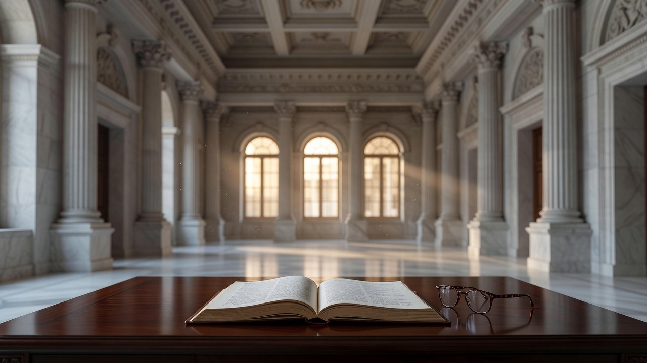 Marble hall with tall columns and an open book with reading glasses on a desk
