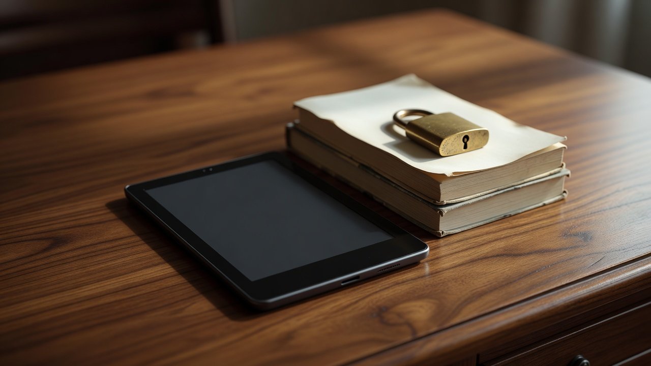 An e-reader beside a printed paperback and a closed padlock on a wooden desk