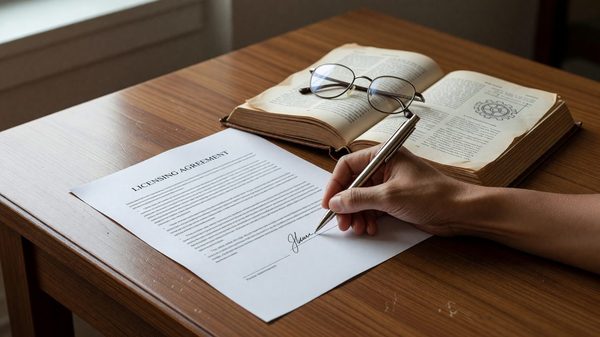 Close-up of a hand signing a licensing document next to an open book and reading glasses on a wooden desk