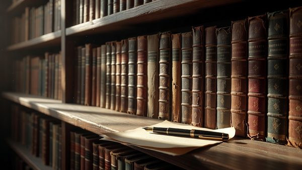 Long shelf of older hardcover books with a contract and pen resting on the edge