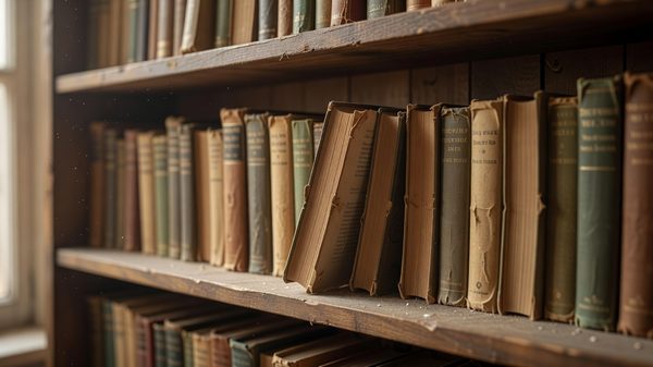 Worn antique books on a dusty wooden shelf beside a sunlit window