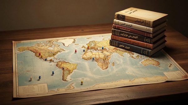 World map with pins and a stack of books in different languages spread across a desk