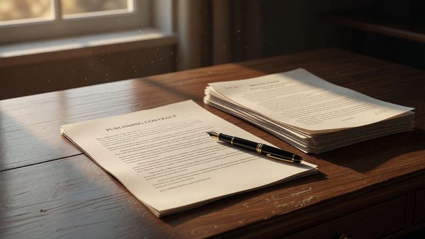 A publishing contract on a desk beside a fountain pen and a stack of manuscript pages, soft window light