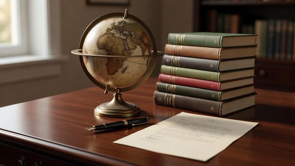 Antique globe, stack of hardcover books, and fountain pen beside a blank contract page